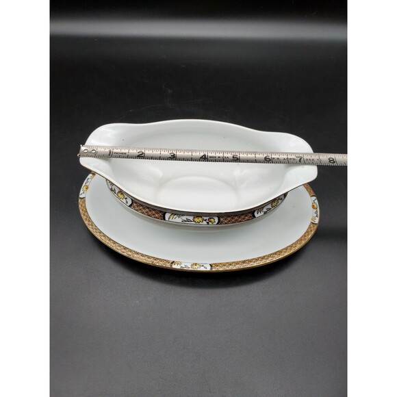 Noritake Gravy Boat Under Plate Japan Geometric Band Florals with Gold 1918 - Picture 8 of 12